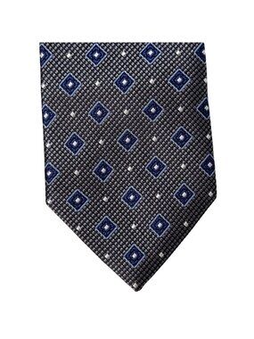 Mens Wearhouse Pronto Uomo Platinum Tie Gray & Blue Diamond Pattern Handmade 60"